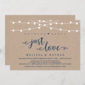 Rustic String Lights, Kraft Navy Blue, Elopement Kaart (Voorkant / Achterkant)