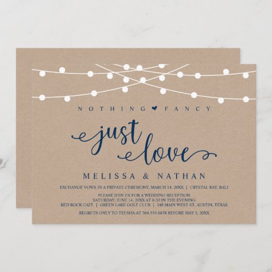 Rustic String Lights, Kraft Navy Blue, Elopement Kaart (Voorkant / Achterkant)