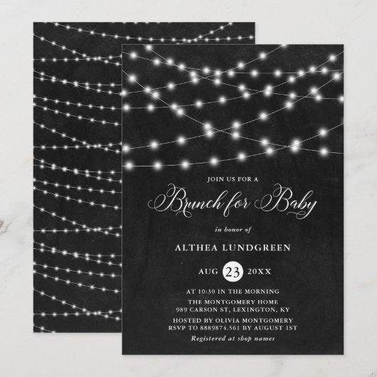 Rustic String Lights Krijtbord Baby shower Brunch Kaart (Voorkant / Achterkant)