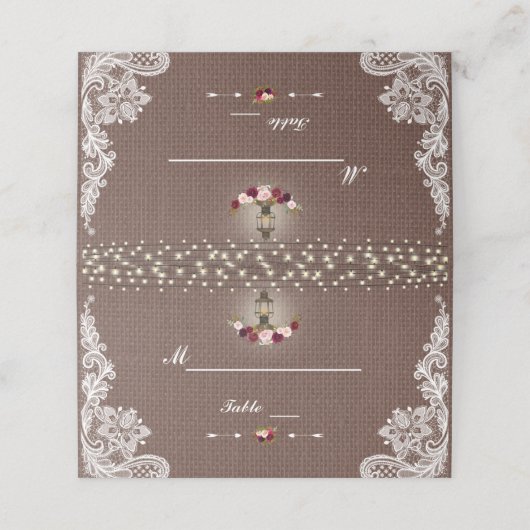 Rustic String Lights Lace Burlap Table Number Plaatskaartje (Buitenkant ongevouwen)