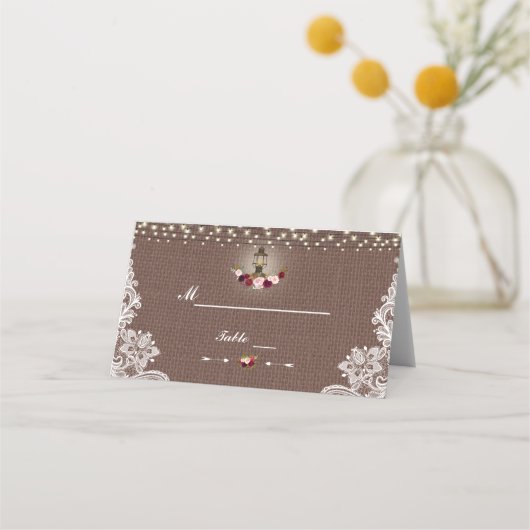 Rustic String Lights Lace Burlap Table Number Plaatskaartje (Achterkant)