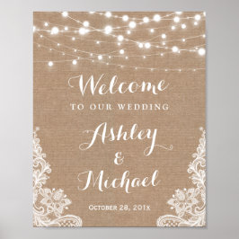 Rustic String Lights Lace Burlap Wedding Sign Poster