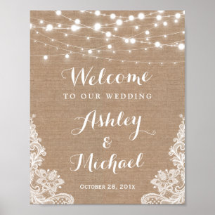 Rustic String Lights Lace Burlap Wedding Sign Poster