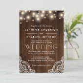 Rustic String Lights Lace Detail Wood Weddenschap Kaart (Staand voorkant)