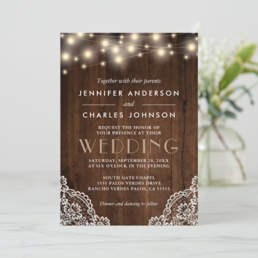 Rustic String Lights Lace Detail Wood Weddenschap Kaart (Staand voorkant)