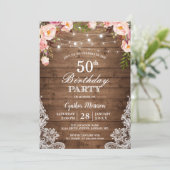 Rustic String Lights Lace Floral Birthday Party Kaart (Staand voorkant)