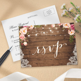 Rustic String Lights Lace Floral Boerderij Wedding Uitnodiging Briefkaart