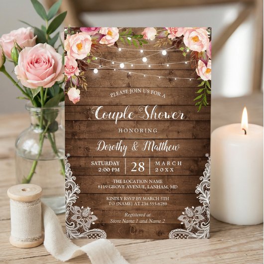 Rustic String Lights Lace Floral Couple's Shower Kaart