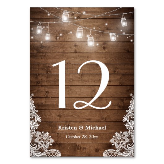 Rustic String Lights Lace Wedding Table Number Kaart (Achterkant)