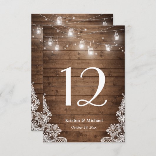 Rustic String Lights Lace Wedding Table Number RSVP Kaartje (Voorkant / Achterkant)