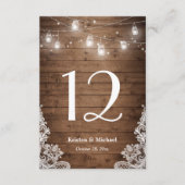 Rustic String Lights Lace Wedding Table Number RSVP Kaartje (Voorkant)