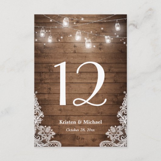 Rustic String Lights Lace Wedding Table Number RSVP Kaartje (Voorkant)