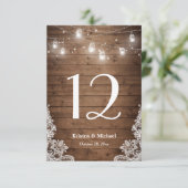 Rustic String Lights Lace Wedding Table Number RSVP Kaartje (Staand voorkant)
