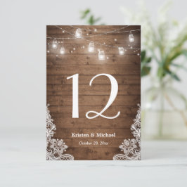 Rustic String Lights Lace Wedding Table Number RSVP Kaartje