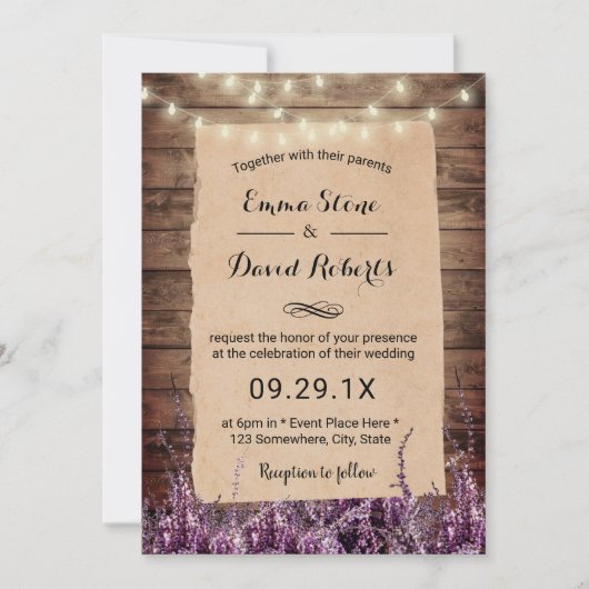 Rustic String Lights Lavender Floral Wedding Kaart (Voorkant)
