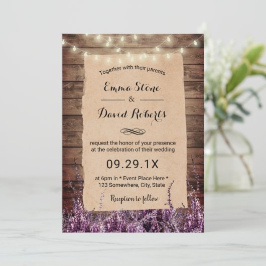 Rustic String Lights Lavender Floral Wedding Kaart (Staand voorkant)