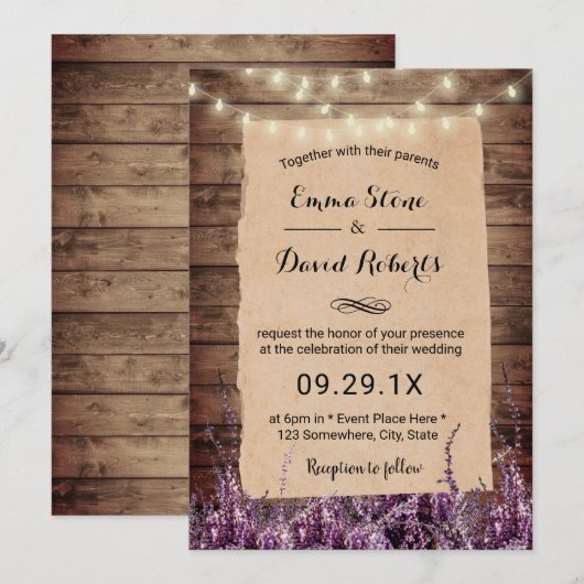Rustic String Lights Lavender Floral Wedding Kaart (Voorkant / Achterkant)