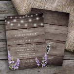 Rustic String Lights Lavender QR Code Weddenschap Kaart<br><div class="desc">Robuust hout afdrukken met lavender en witte touwlichten trouwuitnodiging met QR-code achteraan RSVP.</div>