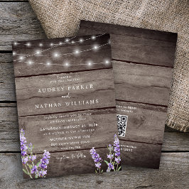 Rustic String Lights Lavender QR Code Weddenschap Kaart