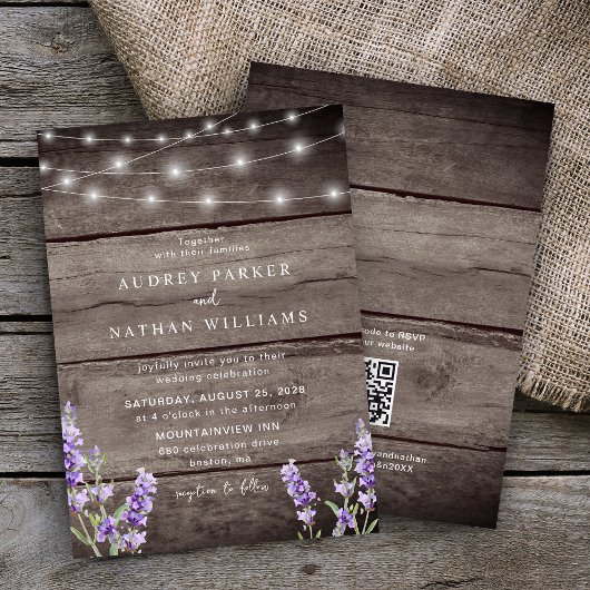Rustic String Lights Lavender QR Code Weddenschap Kaart