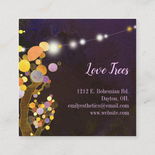 Rustic String Lights Love Trees Esthetician Vierkante Visitekaartje (Achterkant)