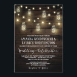 Rustic String Lights Mason Jar bruiloft uitnodigin Kaart<br><div class="desc">Rustic String Lights Mason Jar Wedding Invitations - beschikt over een gedrukte houten achtergrond met strijklichten en verlichte metselaarpotten.</div>
