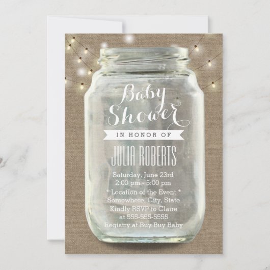 Rustic String Lights Mason Jar Burlap Baby shower Kaart (Voorkant)