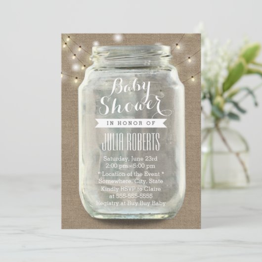 Rustic String Lights Mason Jar Burlap Baby shower Kaart (Staand voorkant)