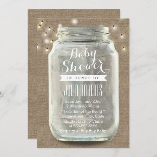 Rustic String Lights Mason Jar Burlap Baby shower Kaart (Voorkant / Achterkant)
