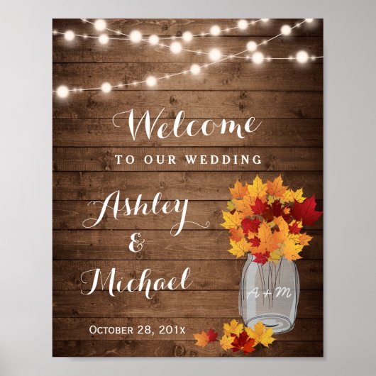 Rustic String Lights Mason Jar Fall Wedding Sign Poster (Voorkant)