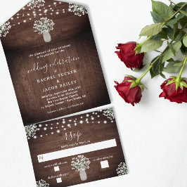 Rustic String Lights Mason Jar Floral Wedding All In One Uitnodiging