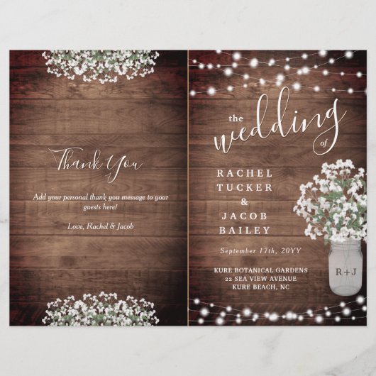 Rustic String Lights Mason Jar Wedding Program (Voorkant)