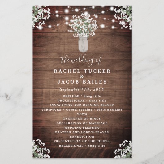 Rustic String Lights Mason Jar Wedding Program (Voorkant)