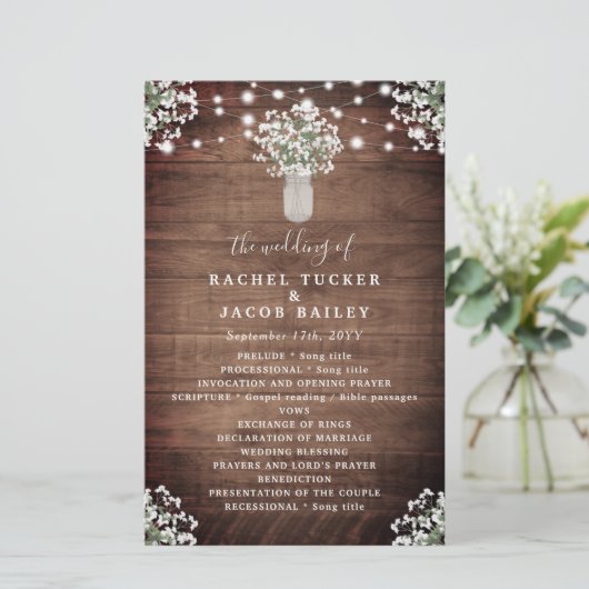 Rustic String Lights Mason Jar Wedding Program (Staand voorkant)