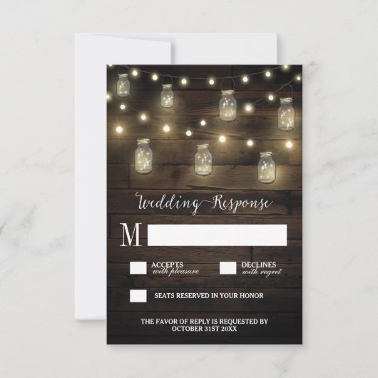 Rustic String Lights Mason Jar Wedding RSVP-kaarte RSVP Kaartje (Voorkant)