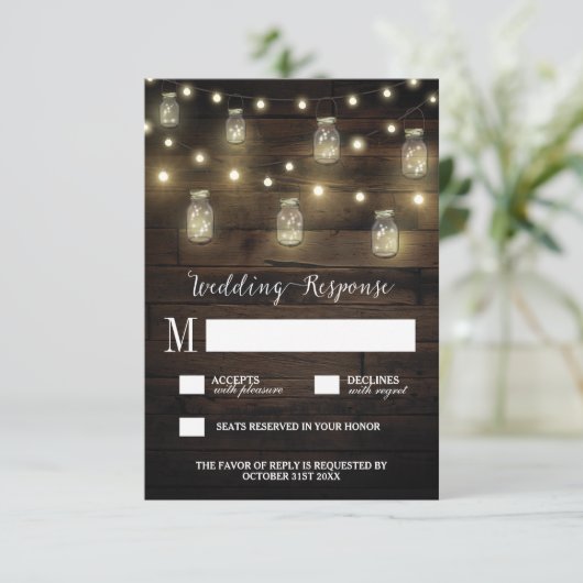 Rustic String Lights Mason Jar Wedding RSVP-kaarte RSVP Kaartje (Staand voorkant)