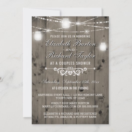 Rustic String Lights Mason Jars Couples Shower Kaart (Voorkant)