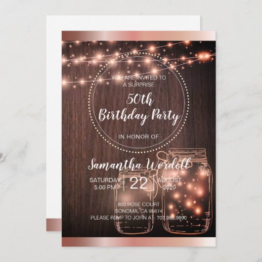 Rustic String Lights Mason Jars Metallic Roos Gold Kaart (Voorkant / Achterkant)