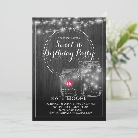 Rustic String lights Mason Jars Sweet 16 Birthday Kaart (Staand voorkant)