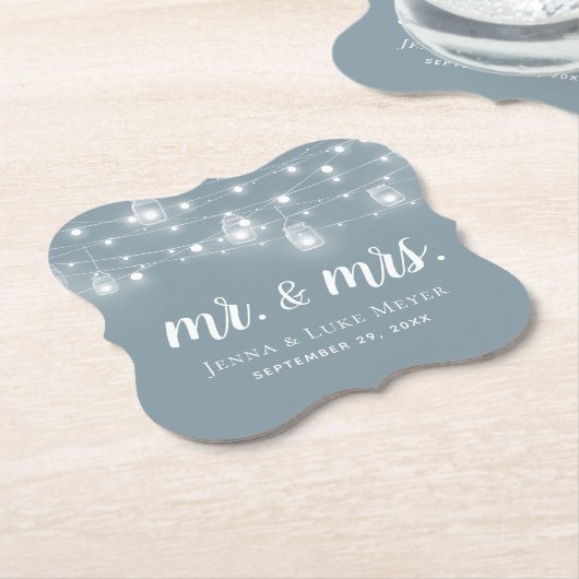 Rustic String Lights Mr. en Mrs Wedding Monogram Kartonnen Onderzetters (Gekanteld)