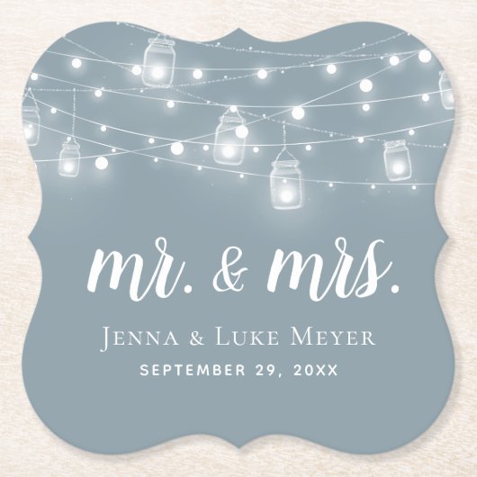 Rustic String Lights Mr. en Mrs Wedding Monogram Kartonnen Onderzetters (Voorkant)