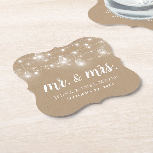Rustic String Lights Mr. en Mrs Wedding Monogram Kartonnen Onderzetters (Gekanteld)