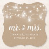 Rustic String Lights Mr. en Mrs Wedding Monogram Kartonnen Onderzetters (Voorkant)