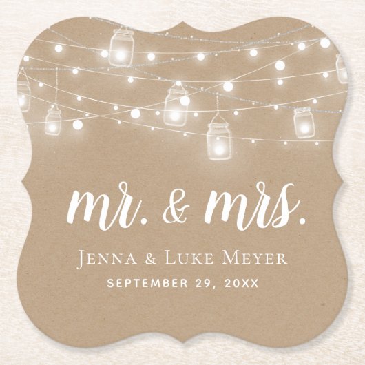 Rustic String Lights Mr. en Mrs Wedding Monogram Kartonnen Onderzetters (Voorkant)