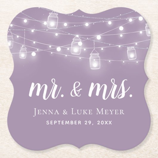 Rustic String Lights Mr. en Mrs Wedding Monogram Kartonnen Onderzetters (Voorkant)