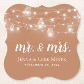 Rustic String Lights Mr. en Mrs Wedding Monogram Kartonnen Onderzetters (Voorkant)