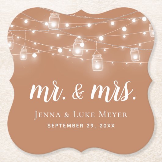 Rustic String Lights Mr. en Mrs Wedding Monogram Kartonnen Onderzetters (Voorkant)