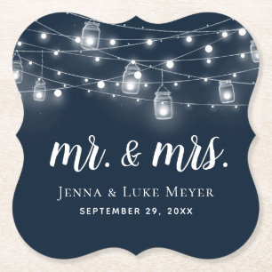 Rustic String Lights Mr. en Mrs Wedding Monogram Kartonnen Onderzetters