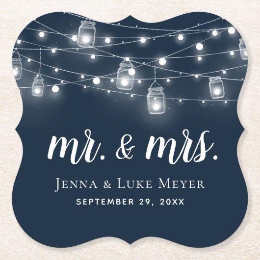 Rustic String Lights Mr. en Mrs Wedding Monogram Kartonnen Onderzetters (Voorkant)