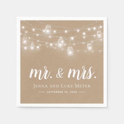 Rustic String Lights Mr. en Mrs Wedding Monogram Servet (Voorkant)